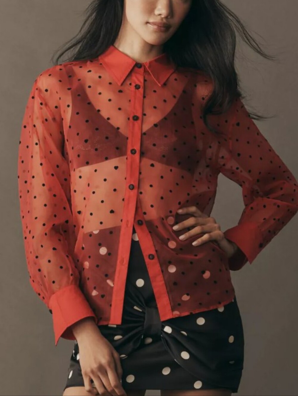Sheer Red Polka Dot Button-Up Blouse